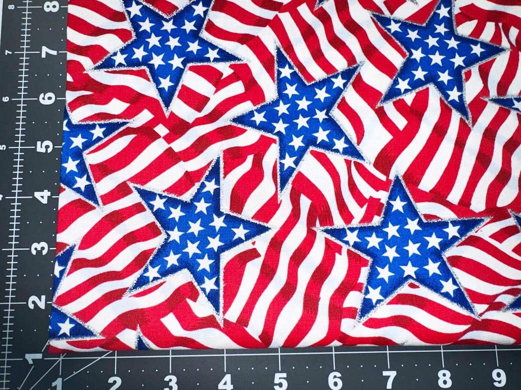 Glitter Star Patriotic fabric Blue Stars and stripes - Mary Jo Fabrics