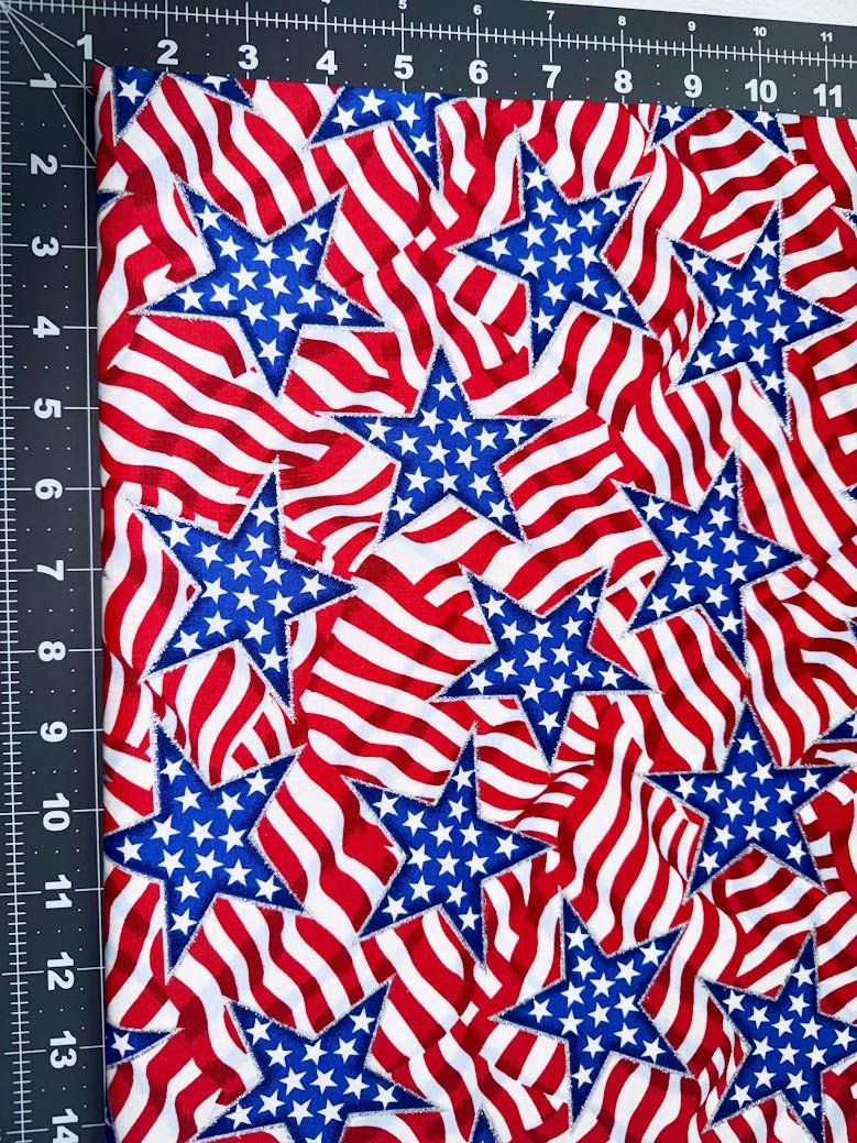 Glitter Star Patriotic fabric Blue Stars and stripes - Mary Jo Fabrics