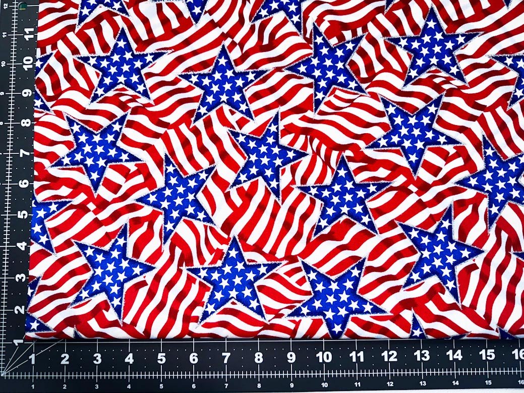 Glitter Star Patriotic fabric Blue Stars and stripes - Mary Jo Fabrics