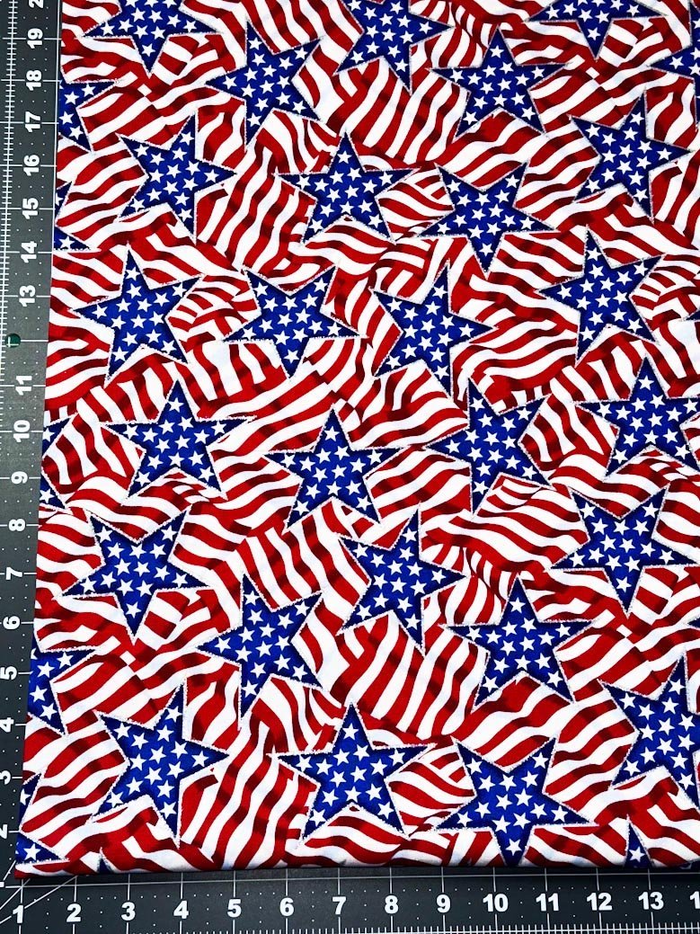 Glitter Star Patriotic fabric Blue Stars and stripes - Mary Jo Fabrics