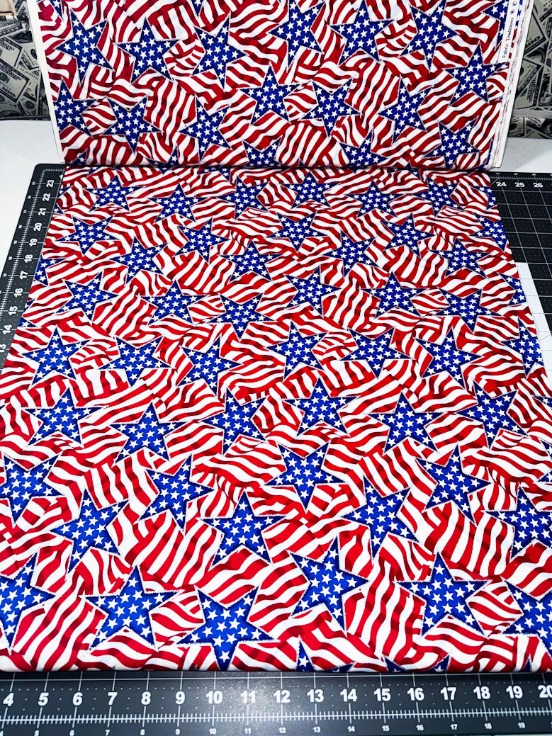 Glitter Star Patriotic fabric Blue Stars and stripes - Mary Jo Fabrics