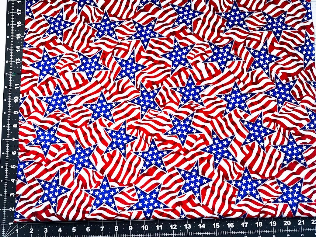 Glitter Star Patriotic fabric Blue Stars and stripes - Mary Jo Fabrics