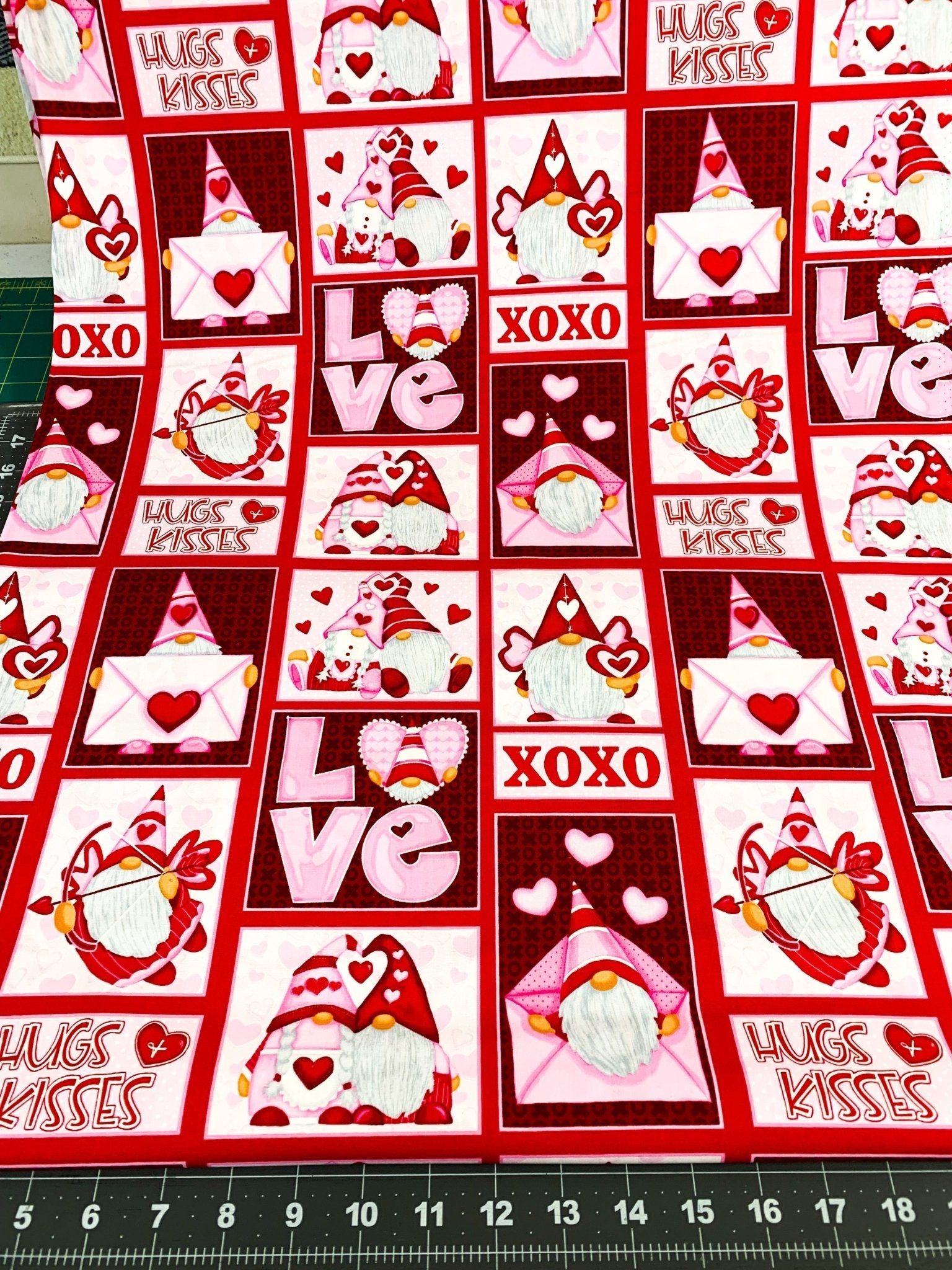 Gnomie Love fabric 9785 Red and Pink Love Gnome cotton fabric - Mary Jo Fabrics