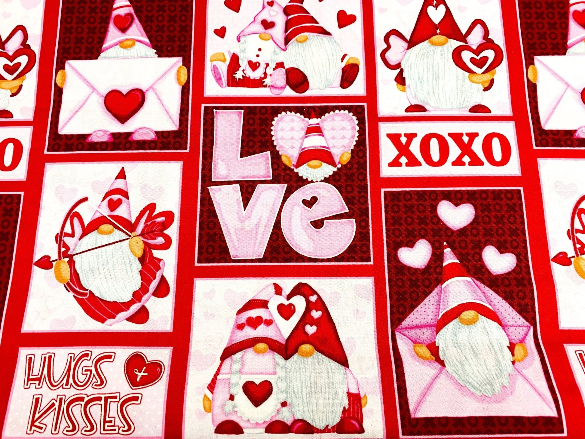 Gnomie Love fabric 9785 Red and Pink Love Gnome cotton fabric - Mary Jo Fabrics