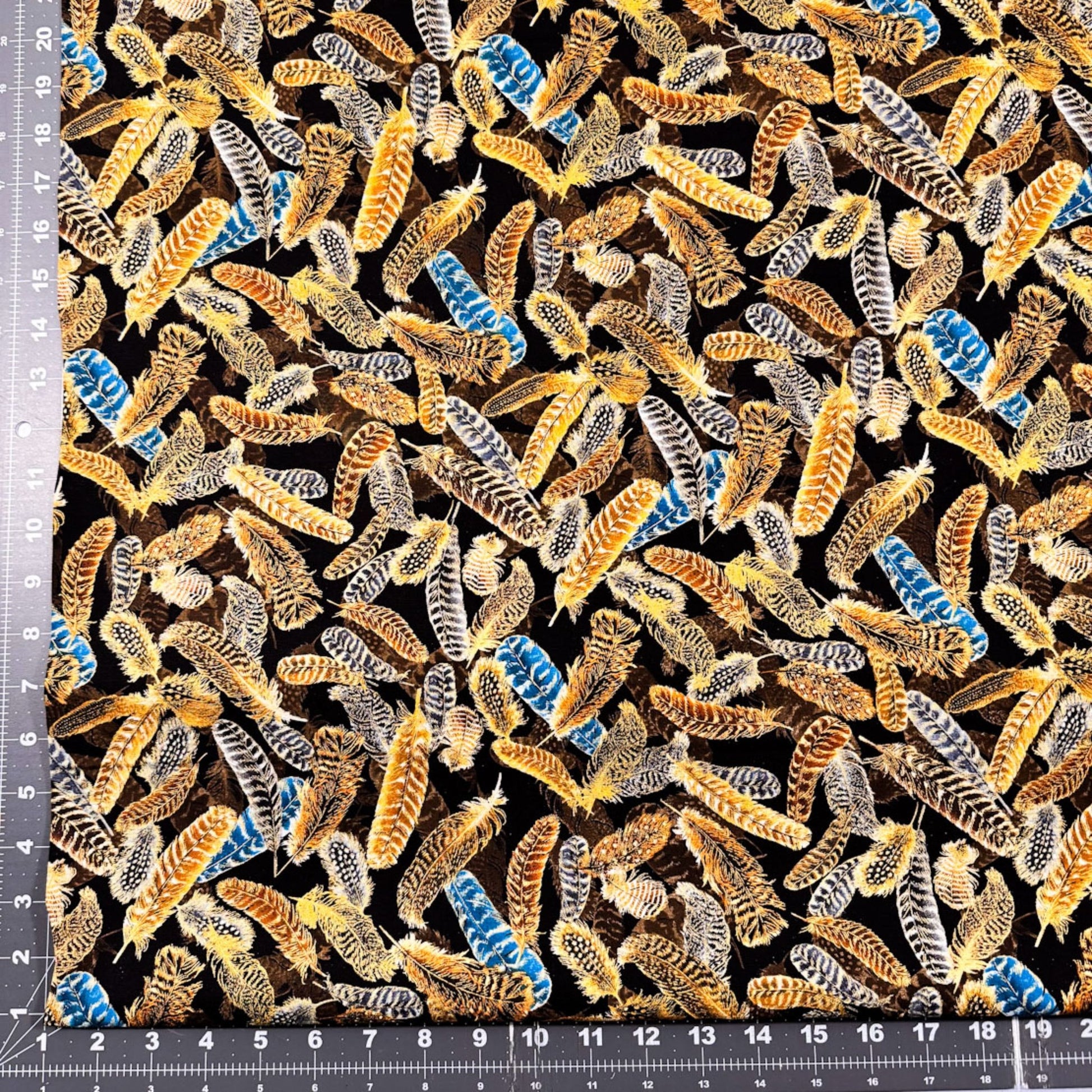 Gold Gilded Feathers Fabric 14034M - 12 Metallic - Mary Jo Fabrics