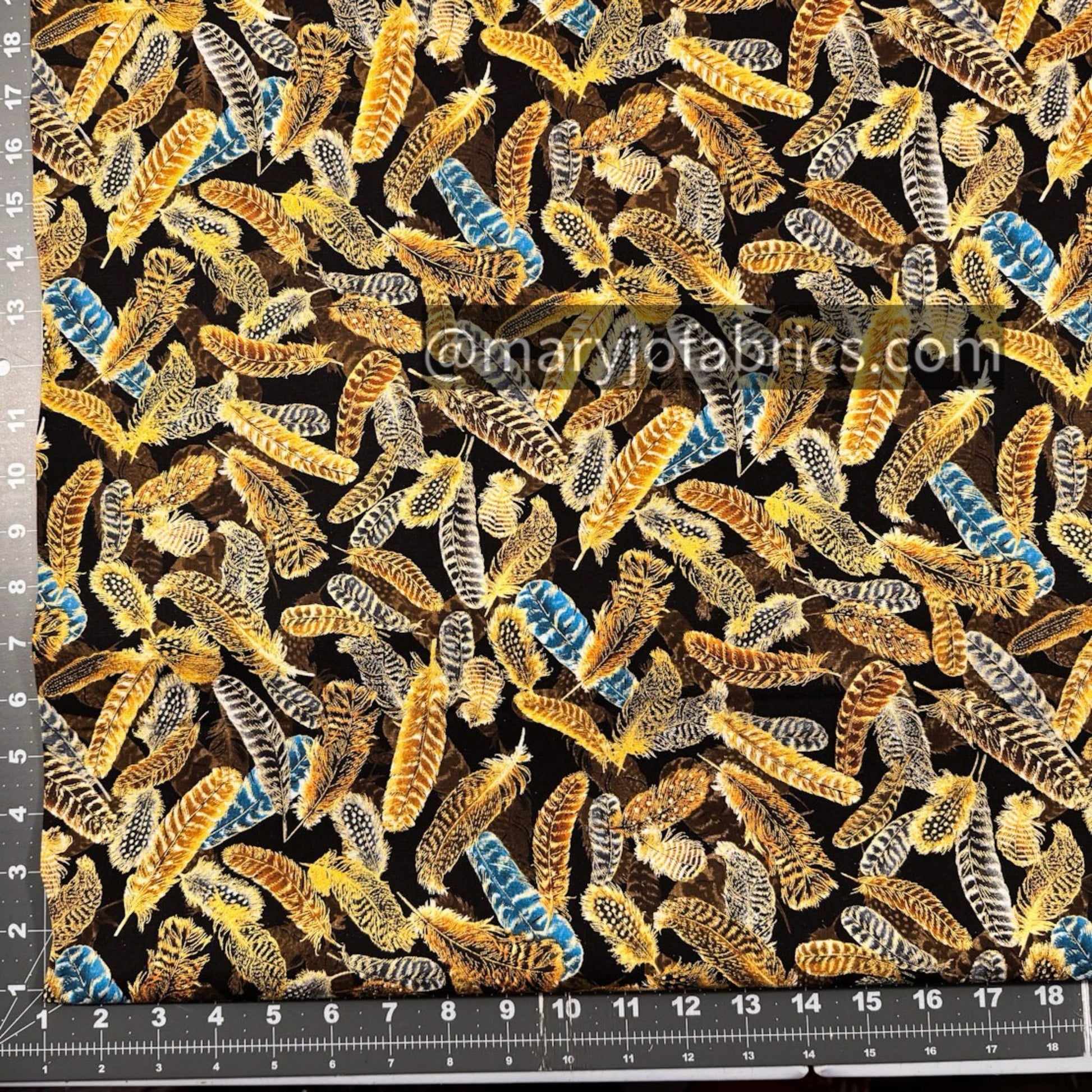 Gold Gilded Feathers Fabric 14034M - 12 Metallic - Mary Jo Fabrics