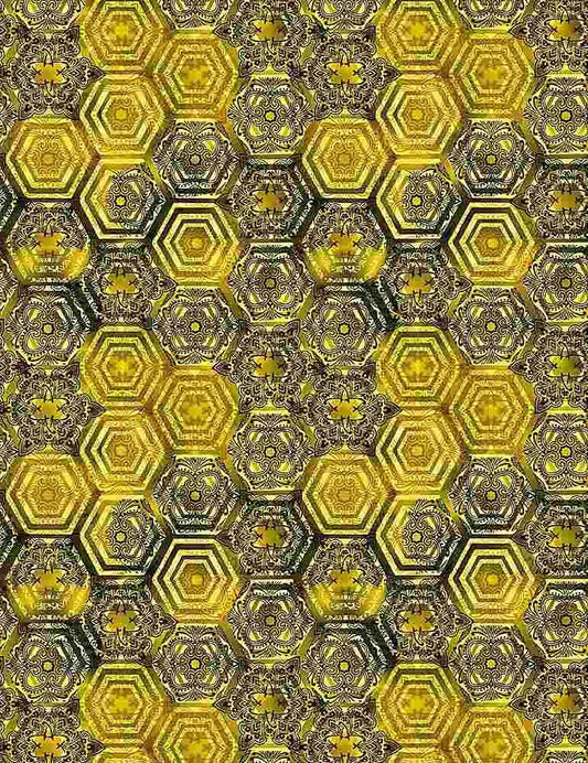 Gold Queen Bee fabric CD1352 Honeycomb fabric Bees - Mary Jo Fabrics