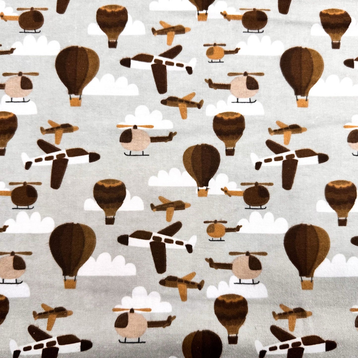 Gray Airplane FLANNEL Fabric 106390 Balloons and Helicopters - Mary Jo Fabrics