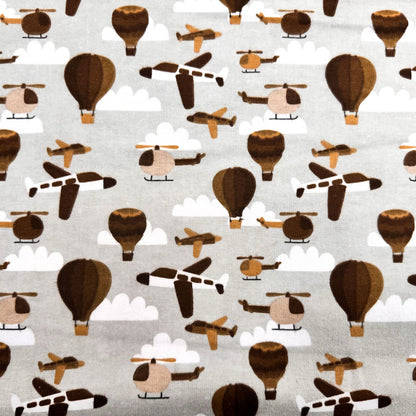 Gray Airplane FLANNEL Fabric 106390 Balloons and Helicopters - Mary Jo Fabrics