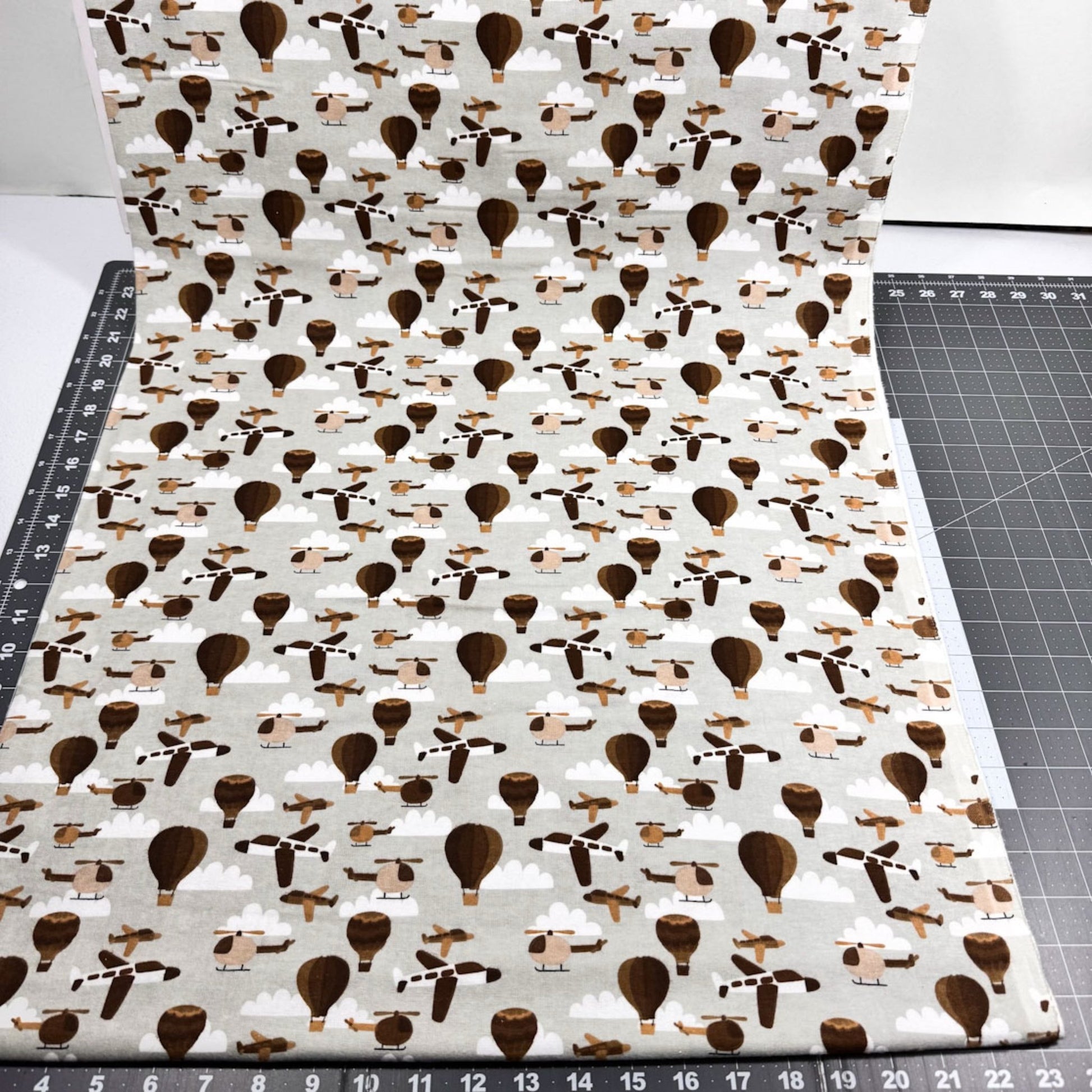 Gray Airplane FLANNEL Fabric 106390 Balloons and Helicopters - Mary Jo Fabrics