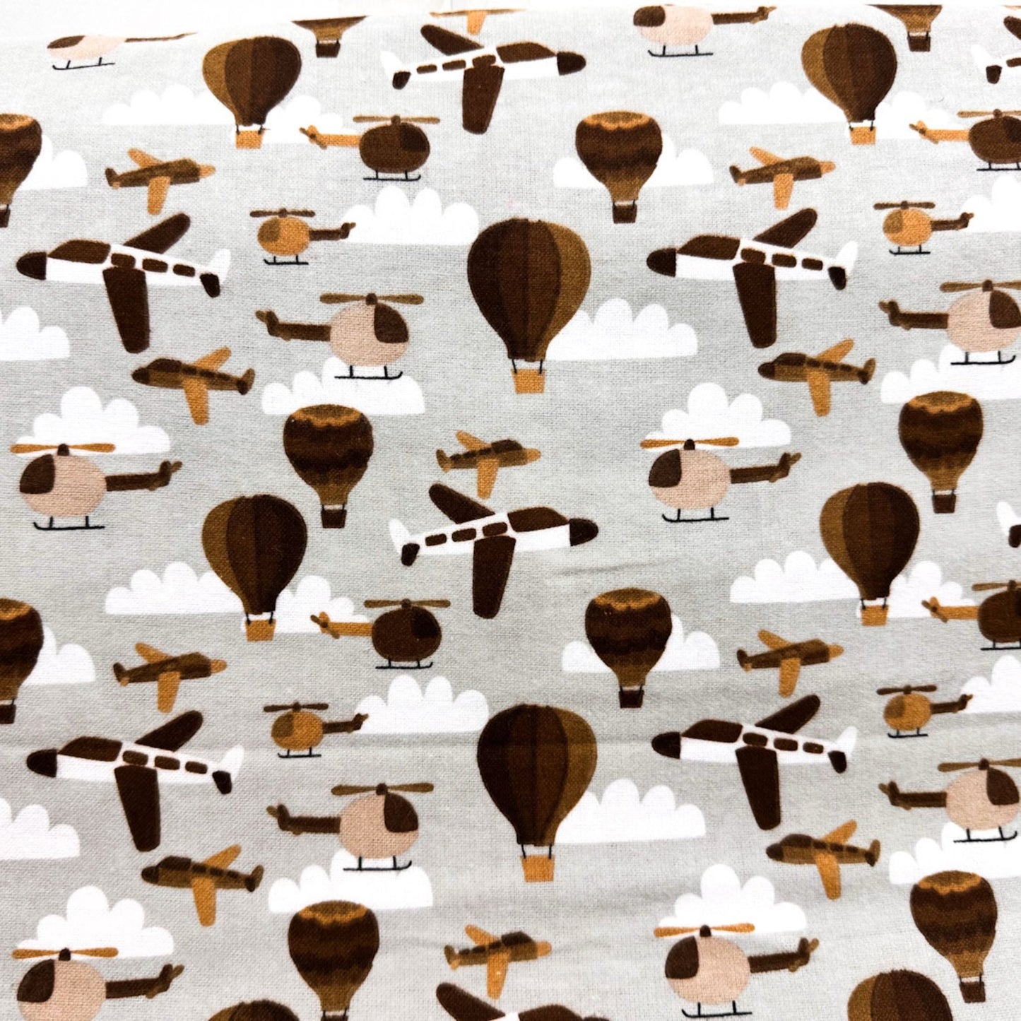 Gray Airplane FLANNEL Fabric 106390 Balloons and Helicopters - Mary Jo Fabrics