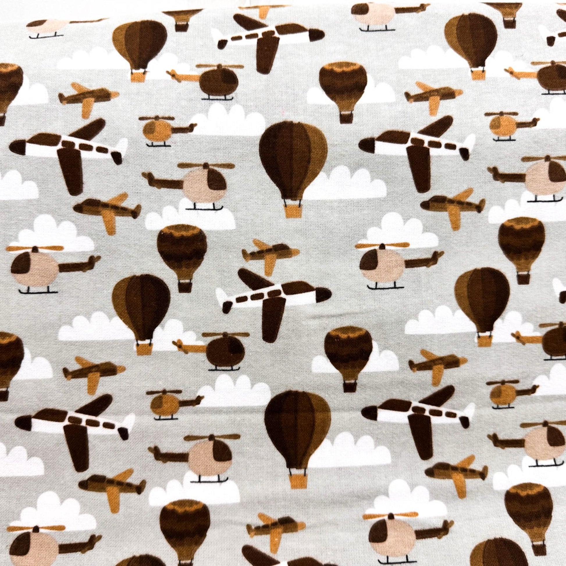 Gray Airplane FLANNEL Fabric 106390 Balloons and Helicopters - Mary Jo Fabrics