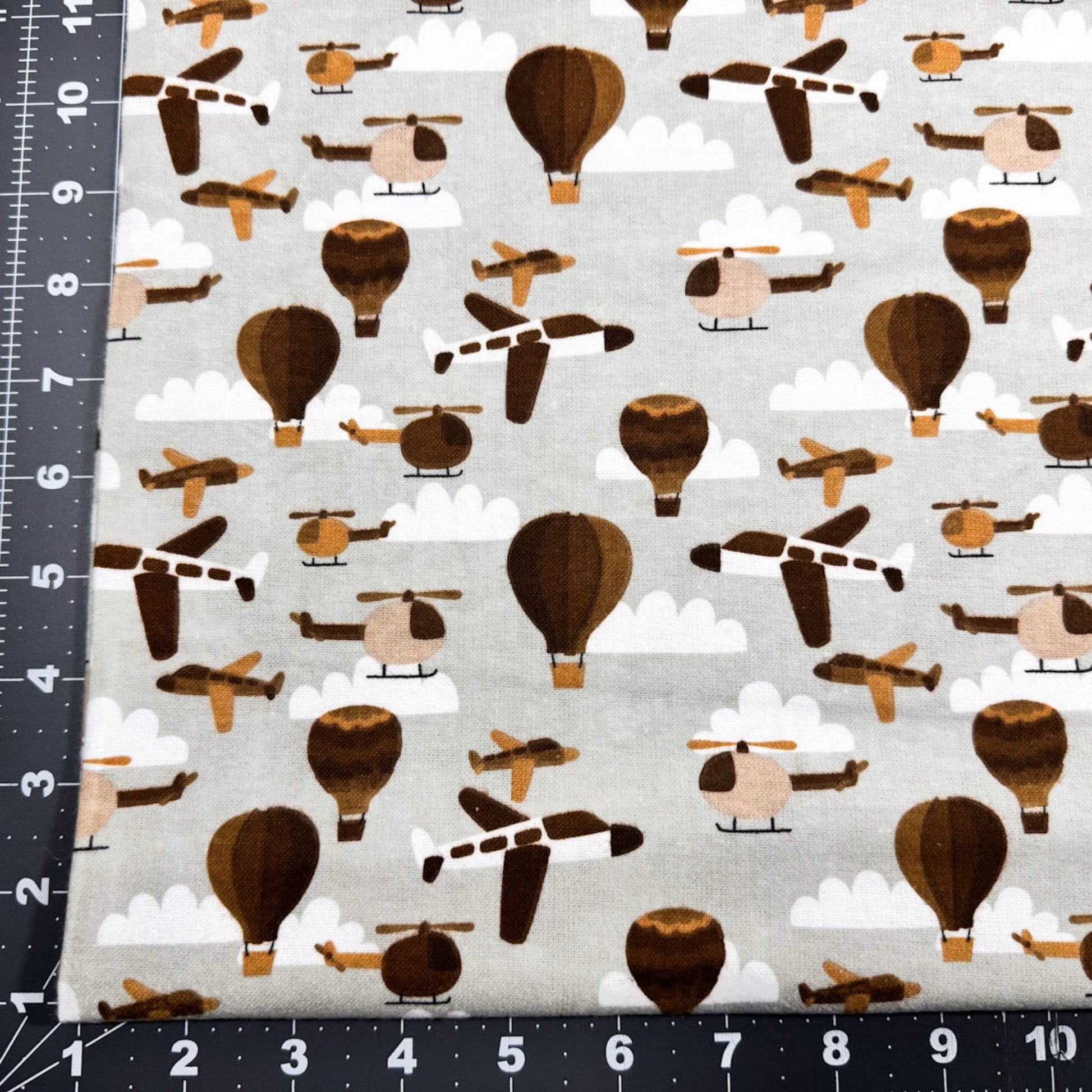 Gray Airplane FLANNEL Fabric 106390 Balloons and Helicopters - Mary Jo Fabrics