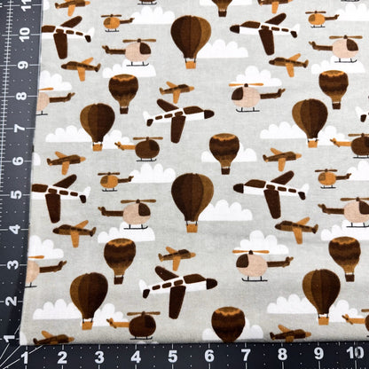 Gray Airplane FLANNEL Fabric 106390 Balloons and Helicopters - Mary Jo Fabrics