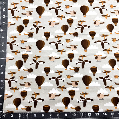 Gray Airplane FLANNEL Fabric 106390 Balloons and Helicopters - Mary Jo Fabrics