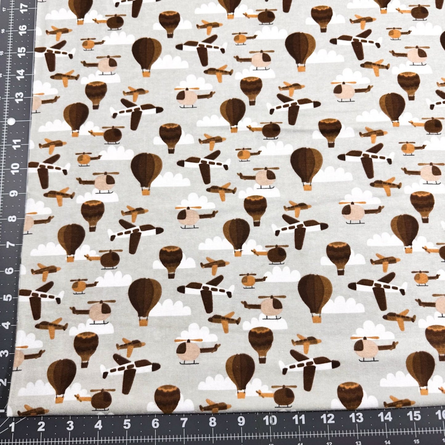 Gray Airplane FLANNEL Fabric 106390 Balloons and Helicopters - Mary Jo Fabrics