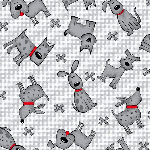 Gray Plaid Dog Flannel 1052 - 90 Dogs & Dog Bones - Mary Jo Fabrics