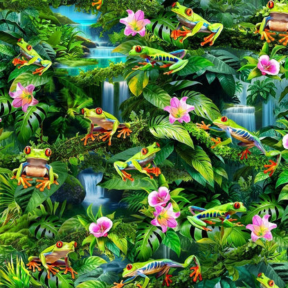 Green Frog Cotton Fabric CD3159 Frogs in Rain Forest - Mary Jo Fabrics