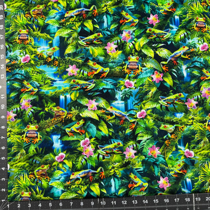 Green Frog Cotton Fabric CD3159 Frogs in Rain Forest - Mary Jo Fabrics