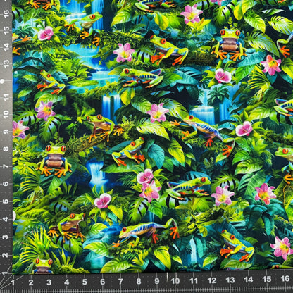 Green Frog Cotton Fabric CD3159 Frogs in Rain Forest - Mary Jo Fabrics
