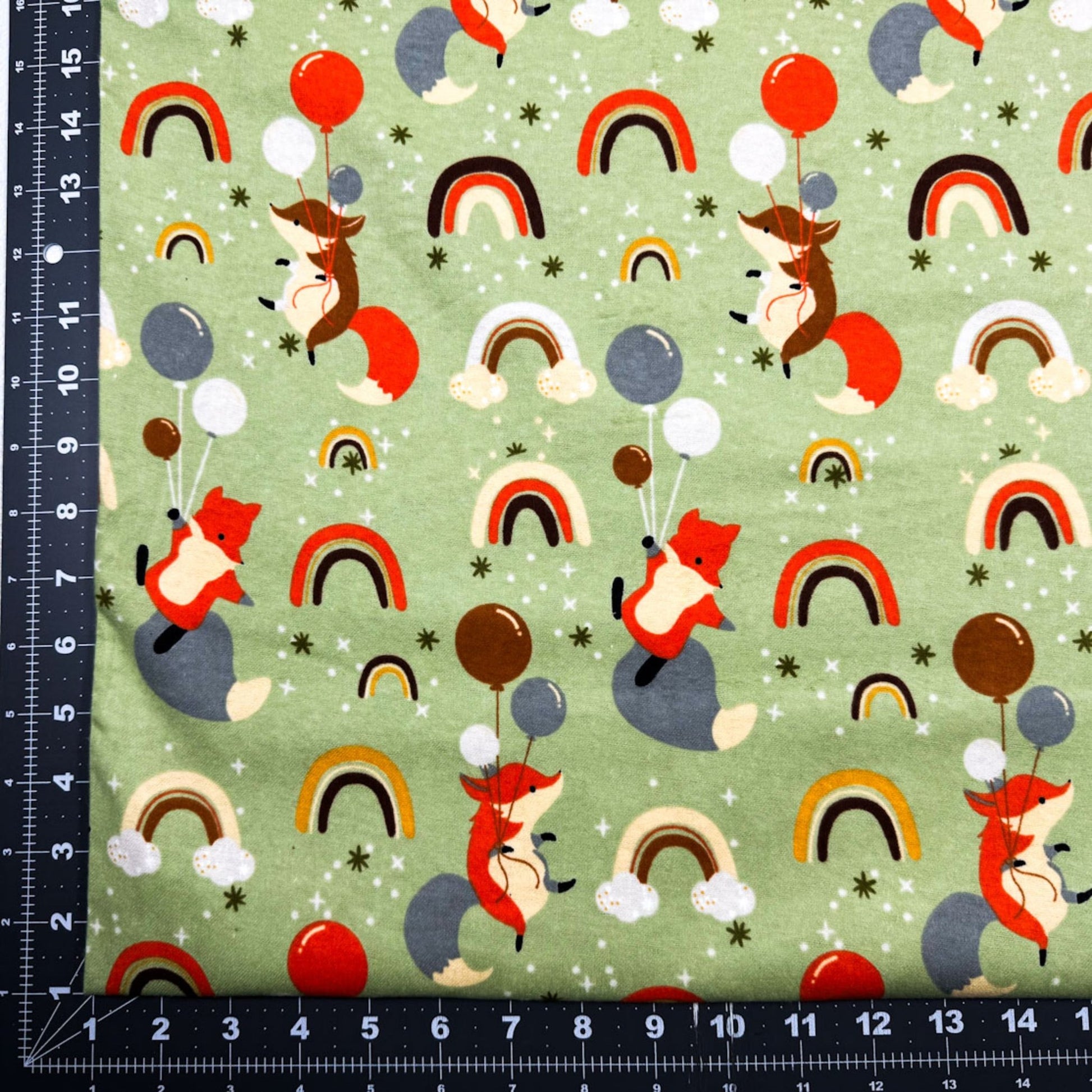 Green Rainbows and Fox Flannel DX - 2626 Foxes FLANNEL - Mary Jo Fabrics