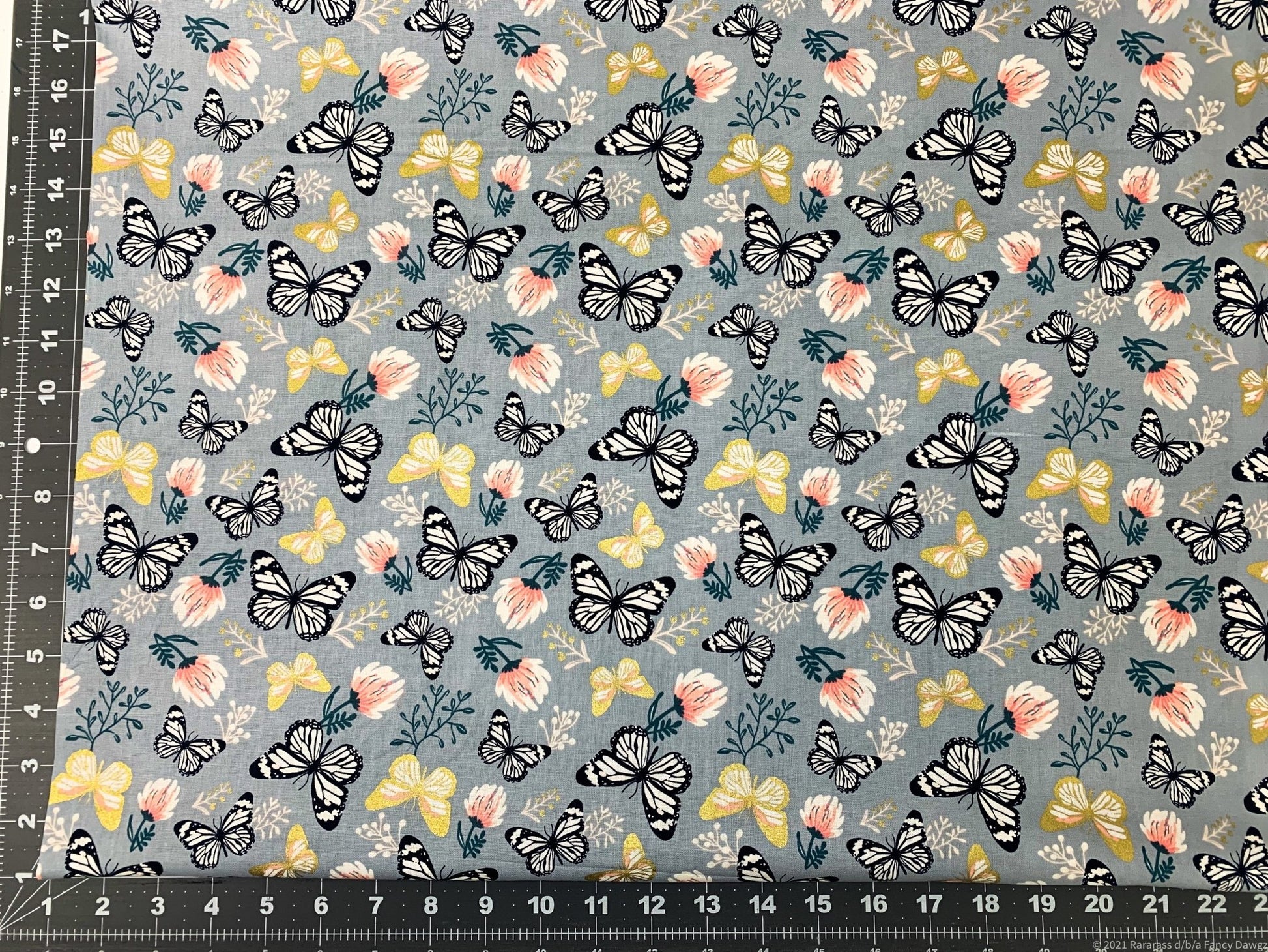 Grey Butterfly and Pink flower fabric 29170101LWM - Mary Jo Fabrics