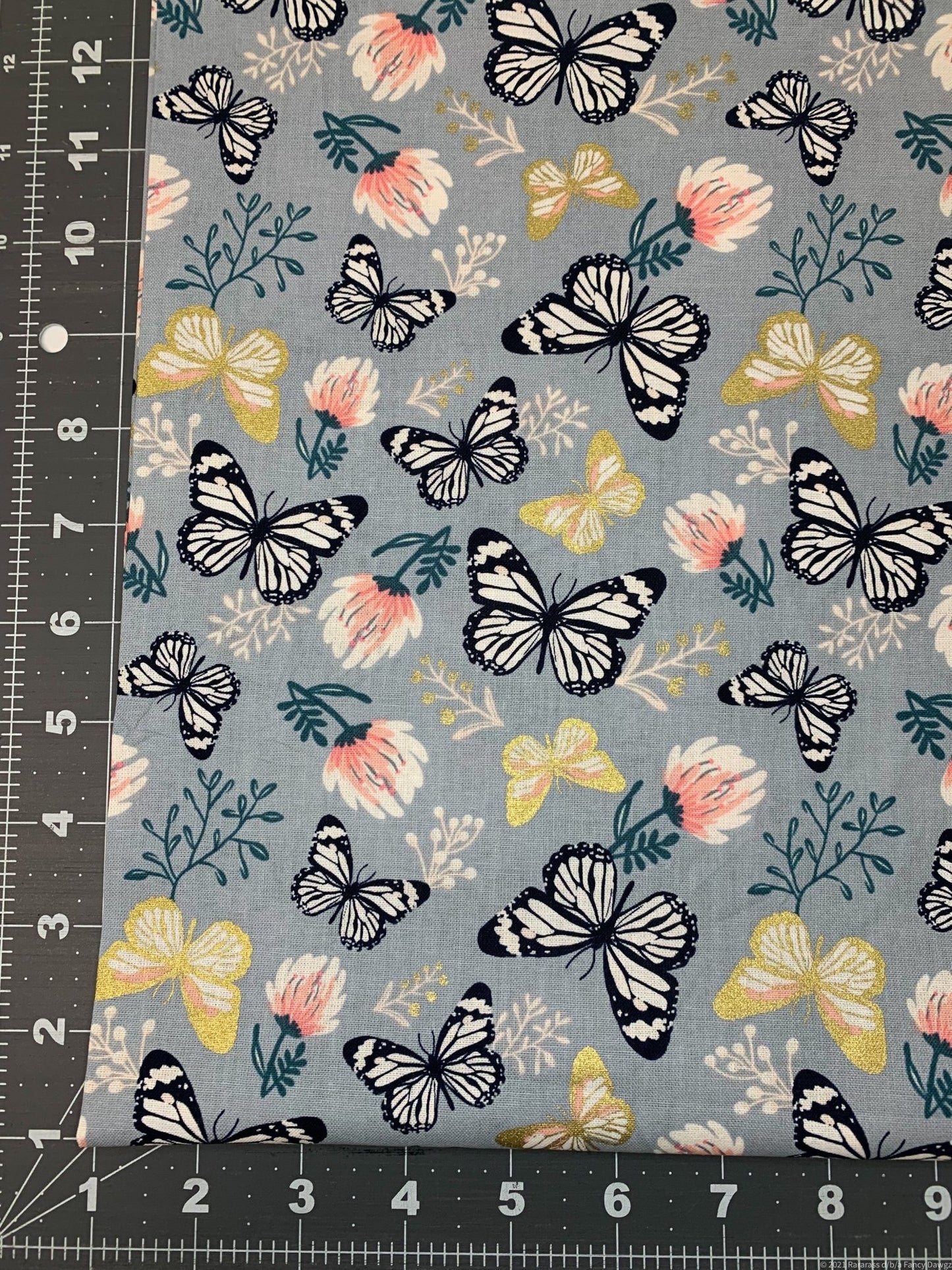 Grey Butterfly and Pink flower fabric 29170101LWM - Mary Jo Fabrics