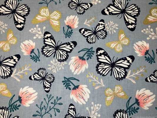 Grey Butterfly and Pink flower fabric 29170101LWM - Mary Jo Fabrics