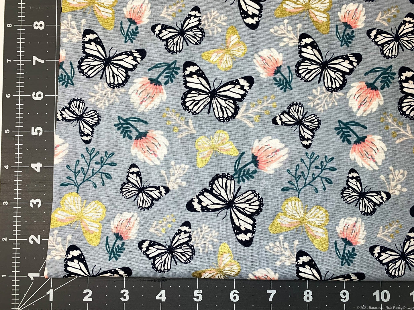 Grey Butterfly and Pink flower fabric 29170101LWM - Mary Jo Fabrics