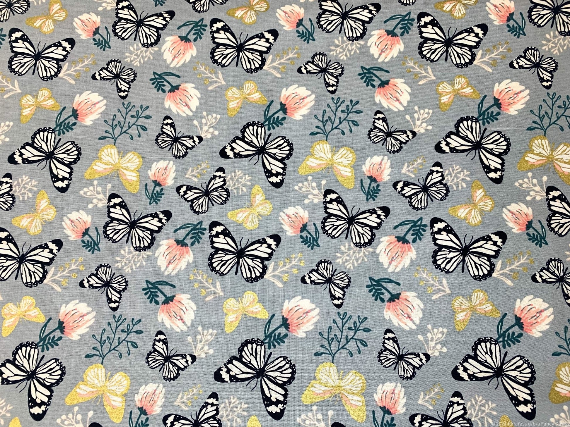 Grey Butterfly and Pink flower fabric 29170101LWM - Mary Jo Fabrics