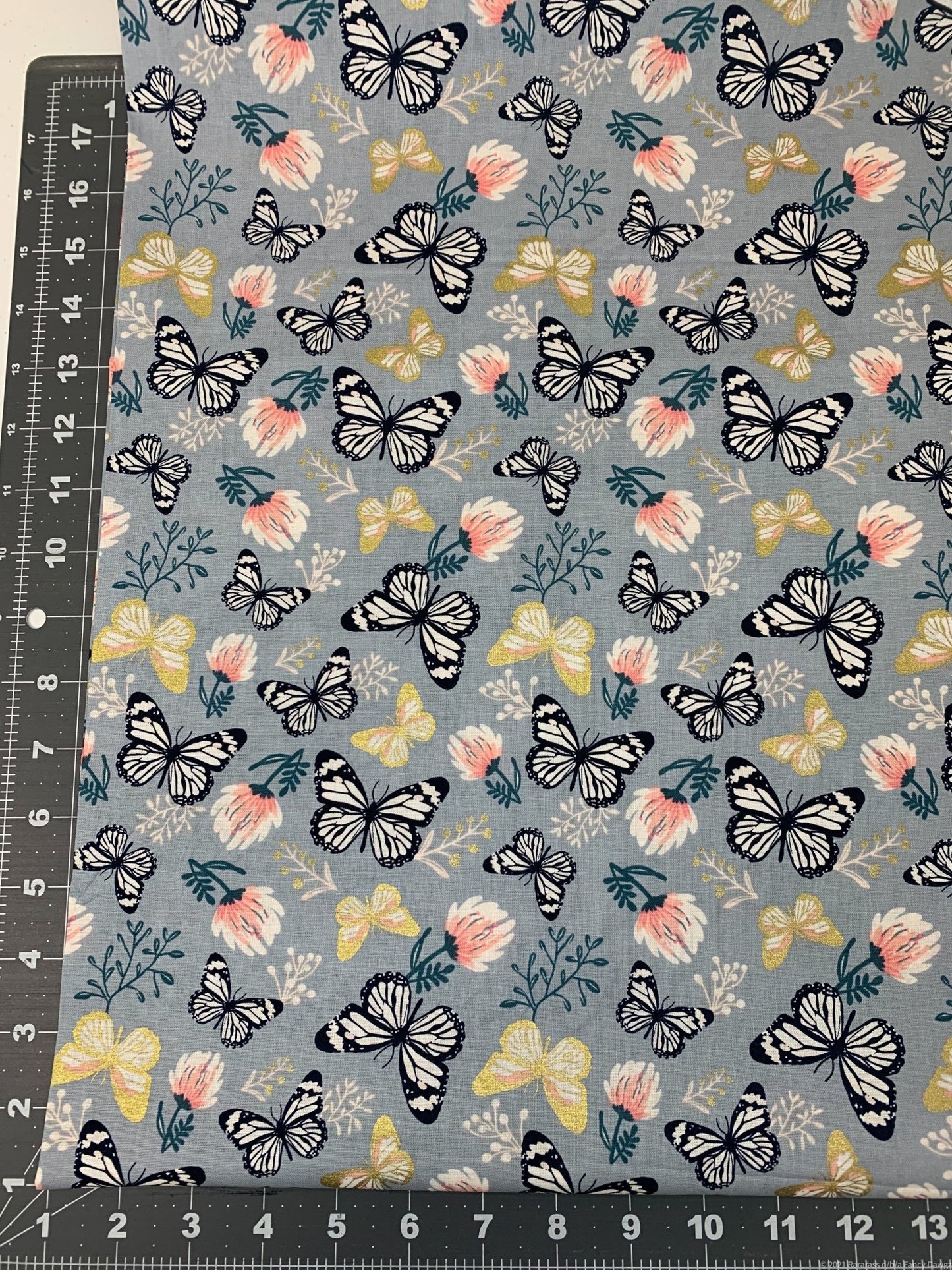 Grey Butterfly and Pink flower fabric 29170101LWM - Mary Jo Fabrics