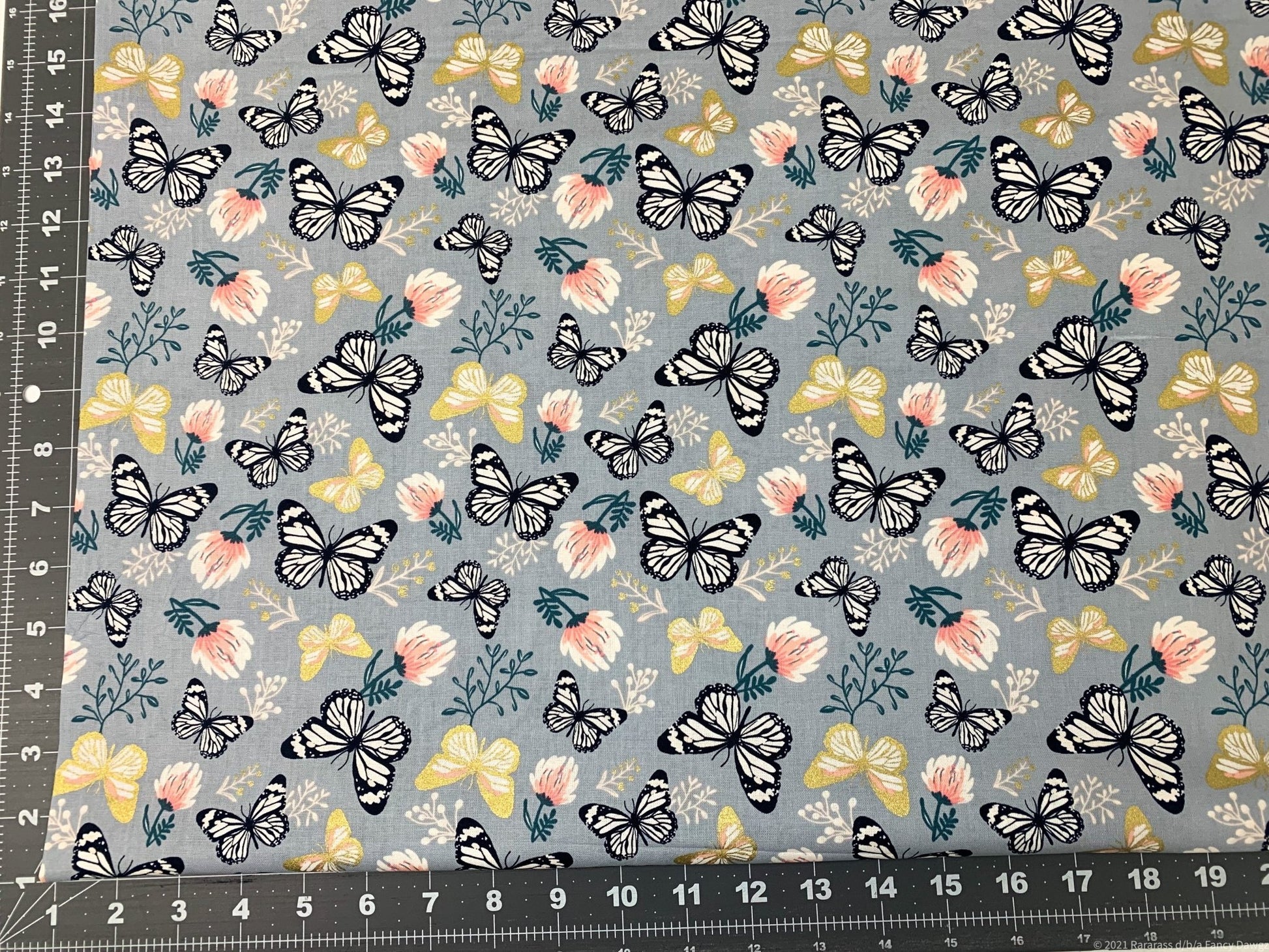 Grey Butterfly and Pink flower fabric 29170101LWM - Mary Jo Fabrics