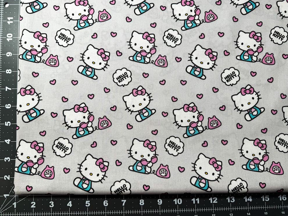 Grey Hello Kitty fabric 80308 Telephone hearts fabric - Mary Jo Fabrics