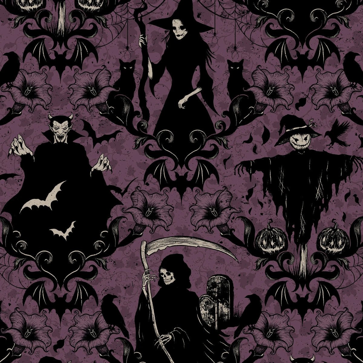 Grim Reaper Halloween Fabric 4792-55 Plum Darkly Enchanted - Mary Jo Fabrics