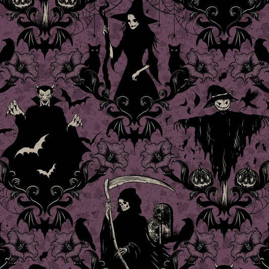 Grim Reaper Halloween Fabric 4792-55 Plum Darkly Enchanted - Mary Jo Fabrics