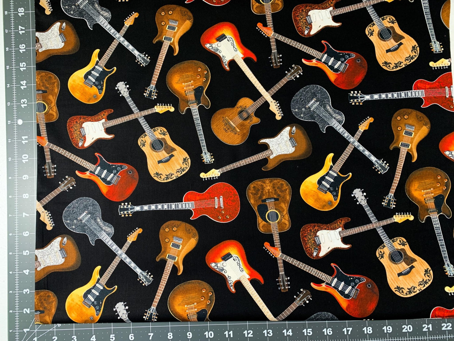 Guitar fabric C1611 Black Tossed Guitars cotton fabric - Mary Jo Fabrics