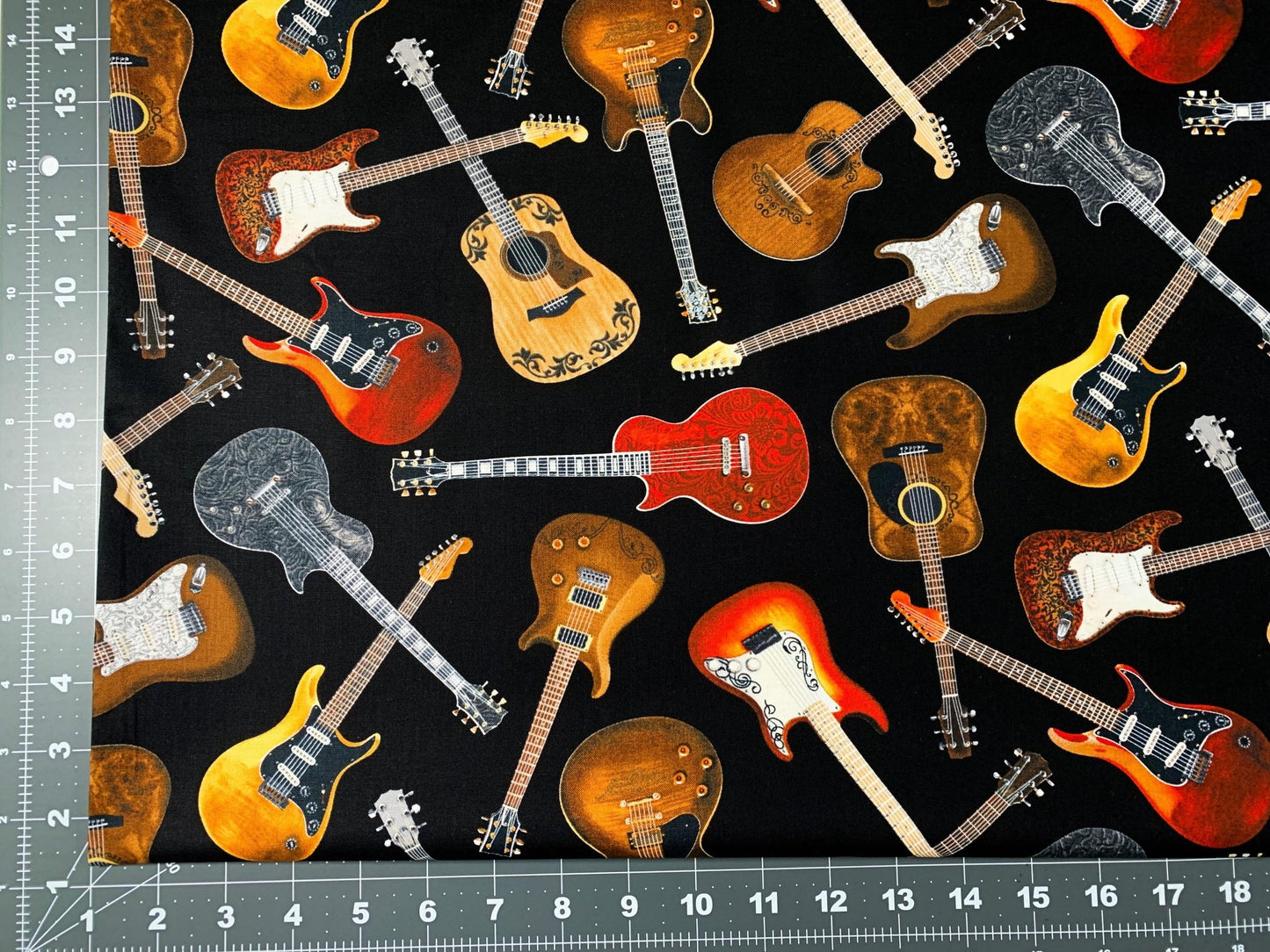 Guitar fabric C1611 Black Tossed Guitars cotton fabric - Mary Jo Fabrics