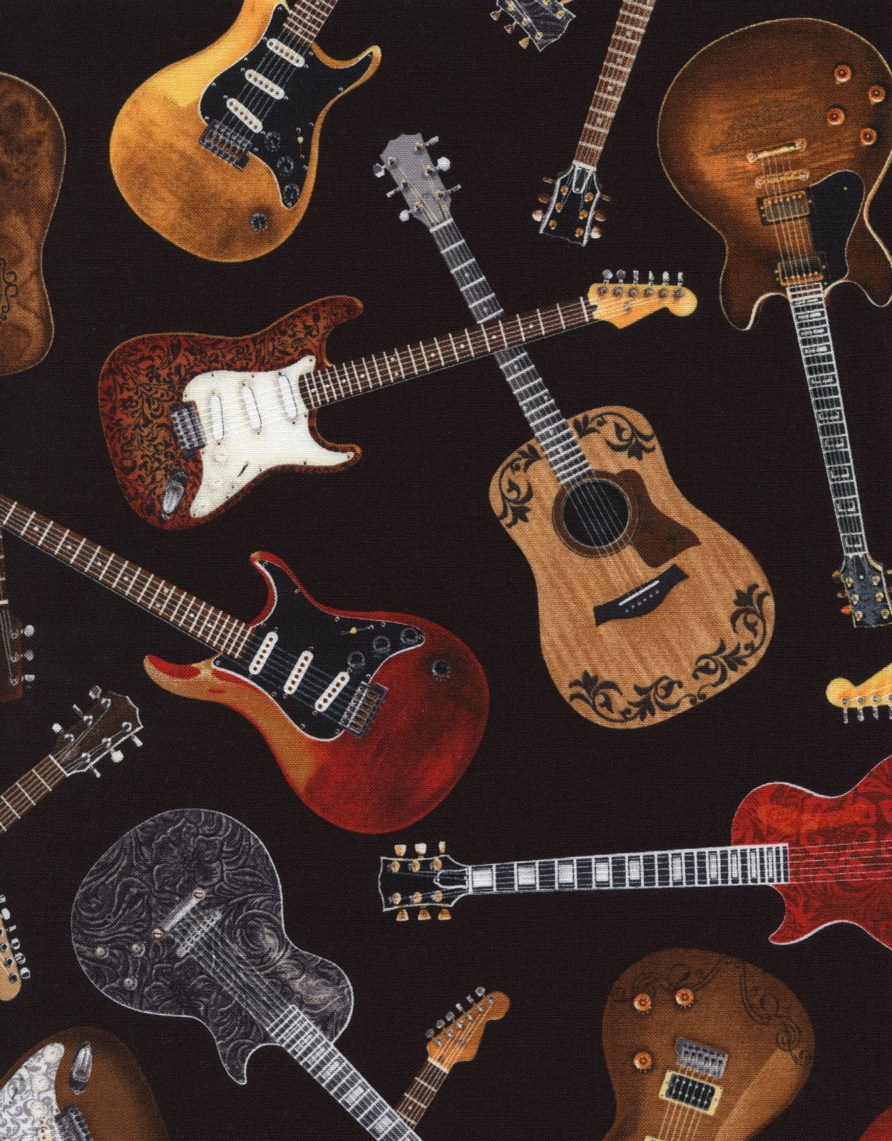 Guitar fabric C1611 Black Tossed Guitars cotton fabric - Mary Jo Fabrics