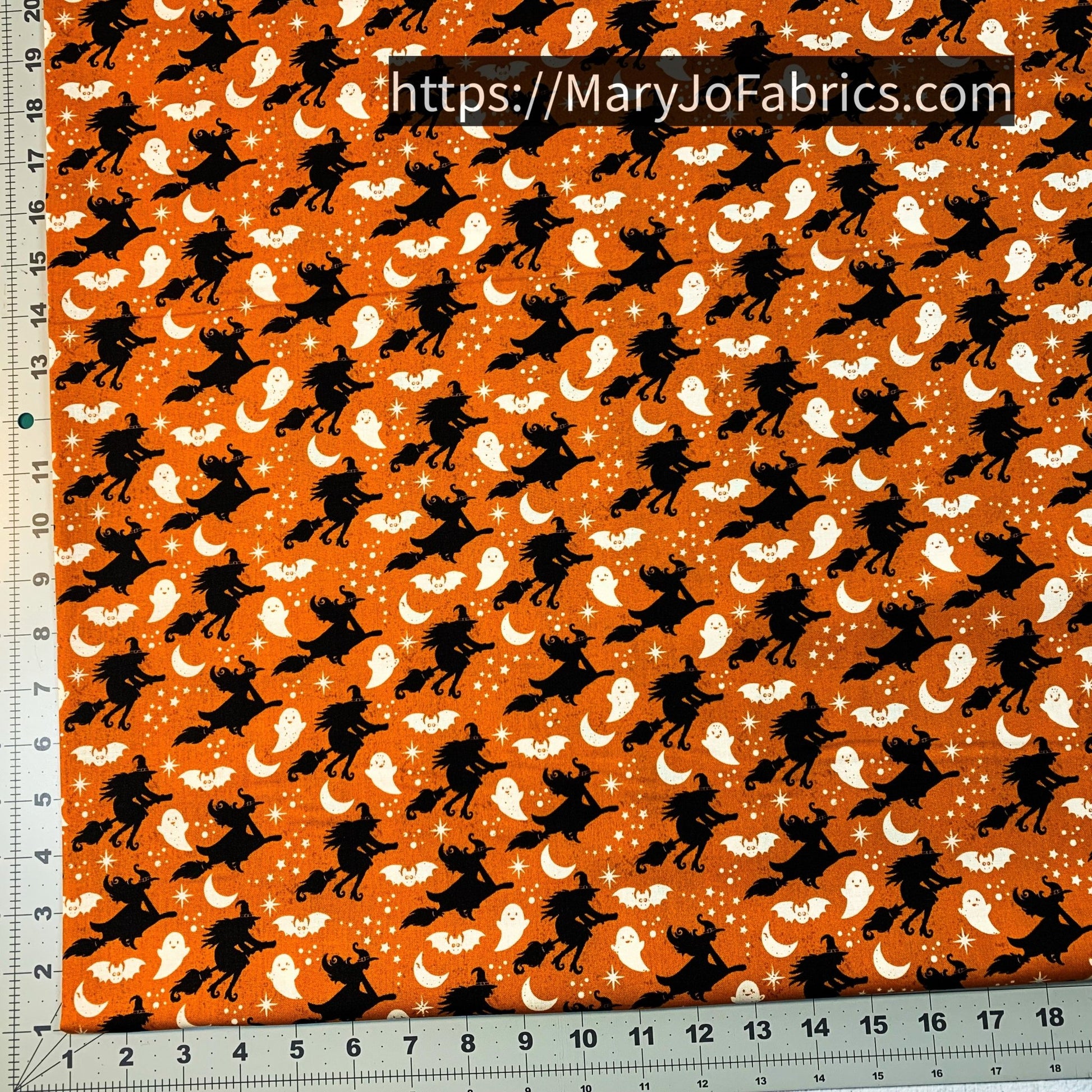 Halloween Witch Fabric 2606 Orange Witches Flying Brooms - Mary Jo Fabrics