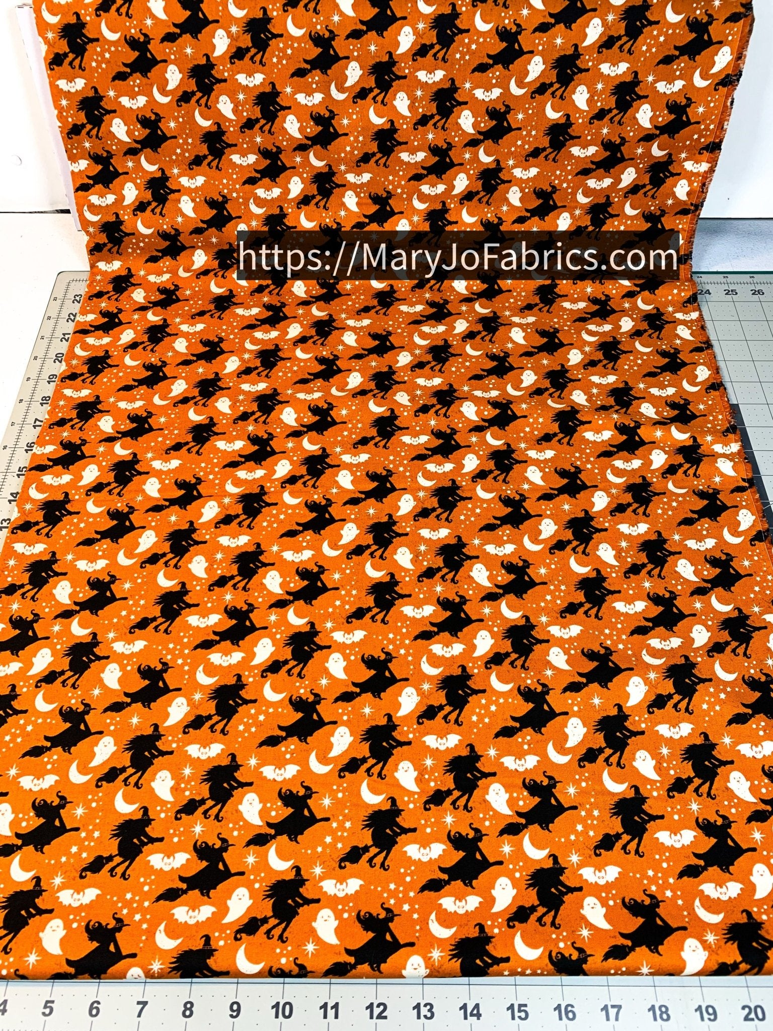 Halloween Witch Fabric 2606 Orange Witches Flying Brooms - Mary Jo Fabrics