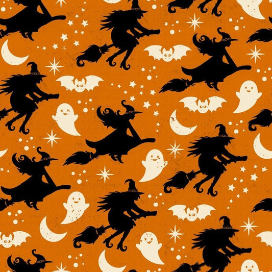 Halloween Witch Fabric 2606 Orange Witches Flying Brooms - Mary Jo Fabrics