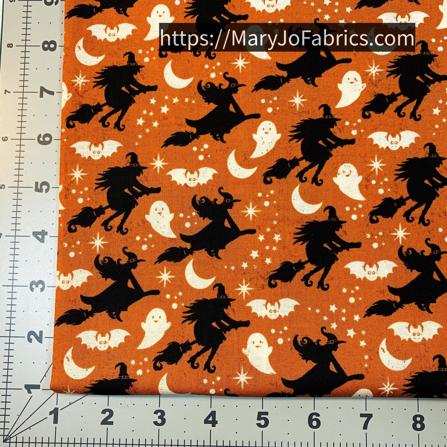 Halloween Witch Fabric 2606 Orange Witches Flying Brooms - Mary Jo Fabrics
