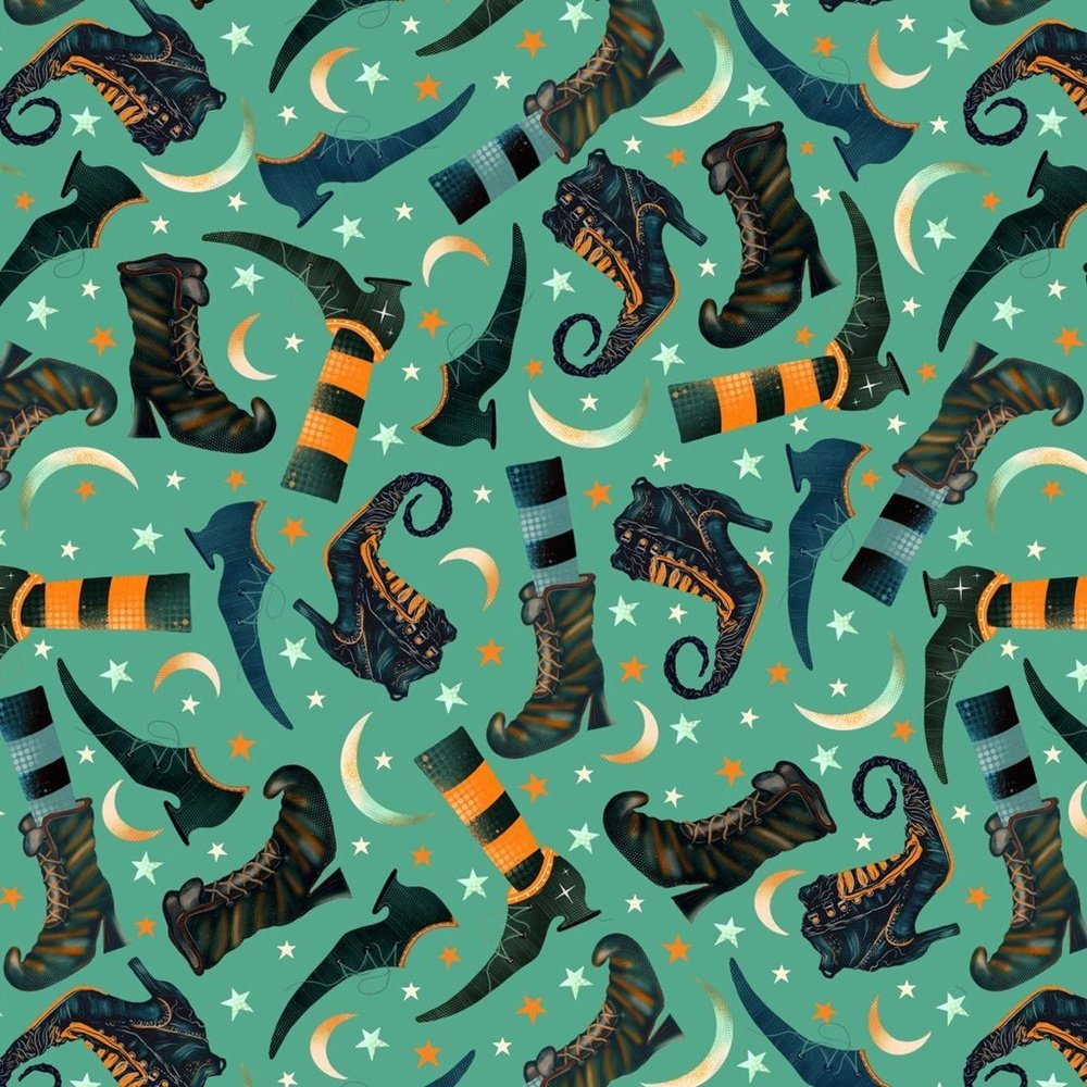 Halloween Witch Fabric 4863-70 Turquoise Witch Boots & Moons - Mary Jo Fabrics