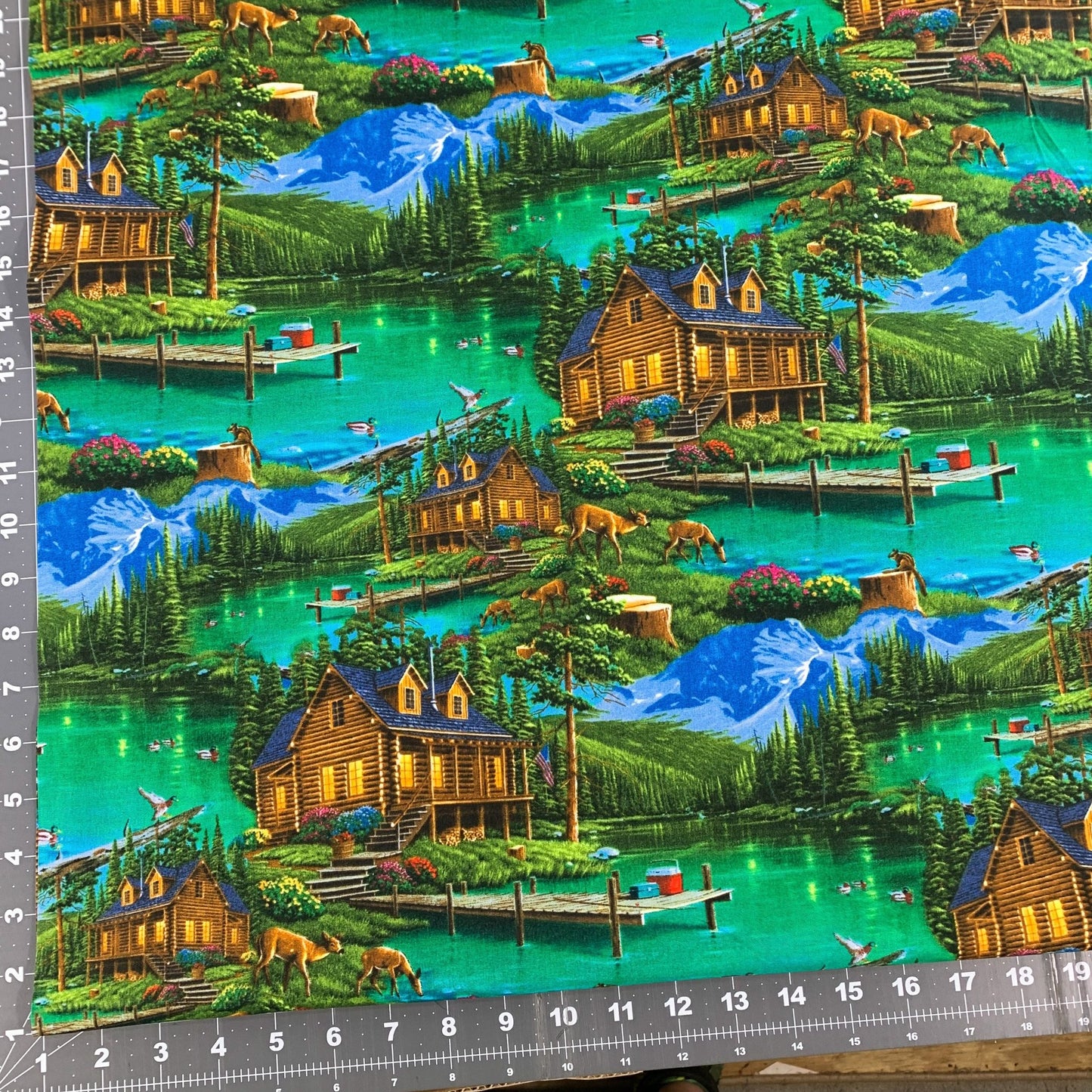 Harmony Cabin fabric AL - 5006 - 4C1 Mountain cabin landscape - Mary Jo Fabrics