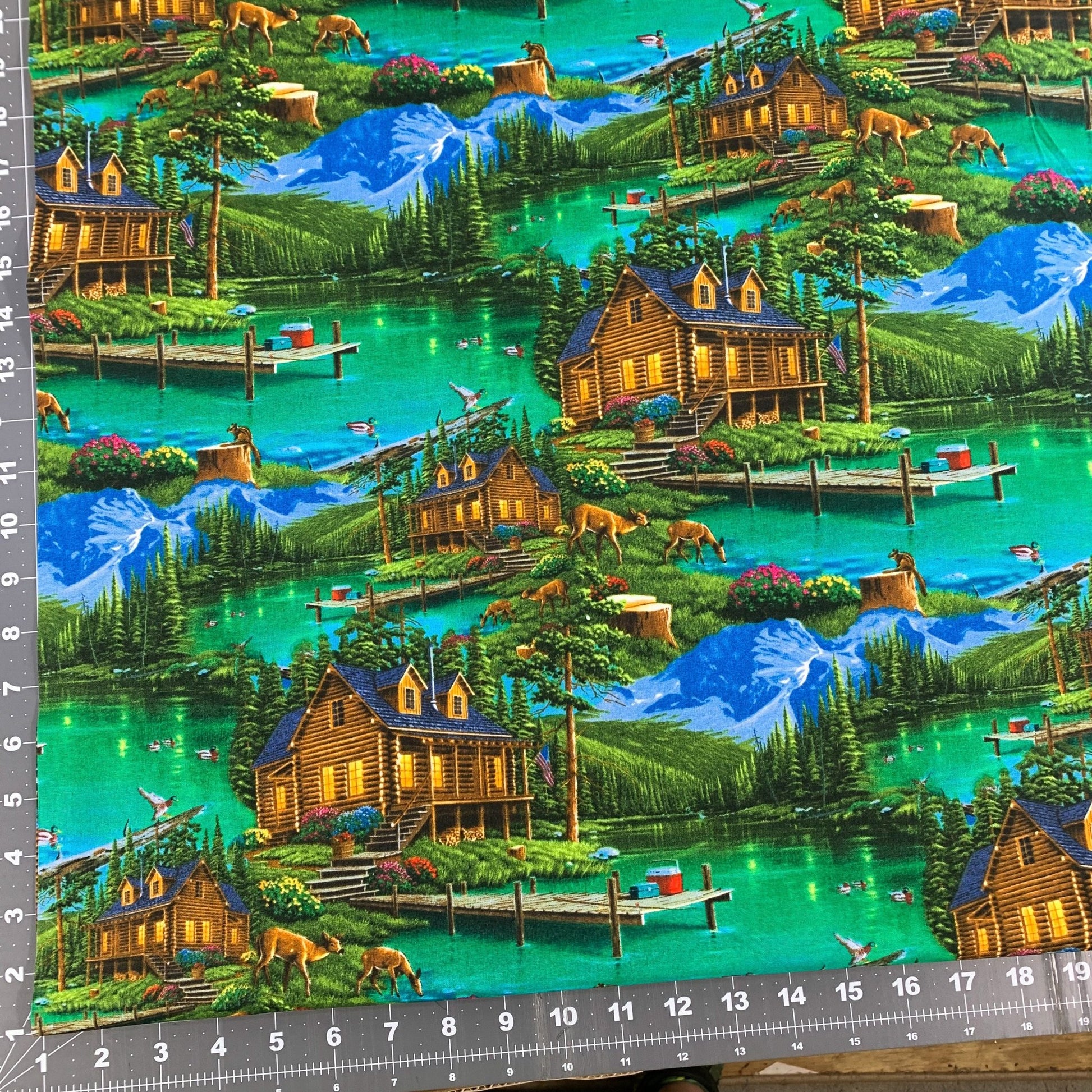 Harmony Cabin fabric AL - 5006 - 4C1 Mountain cabin landscape - Mary Jo Fabrics