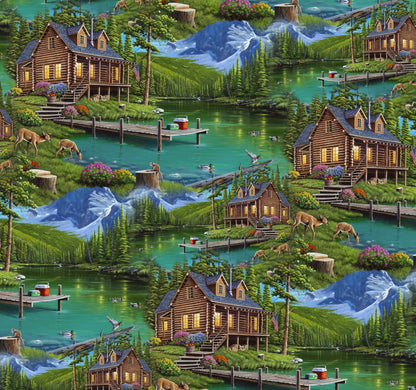 Harmony Cabin fabric AL - 5006 - 4C1 Mountain cabin landscape - Mary Jo Fabrics