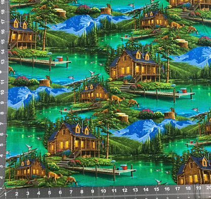 Harmony Cabin fabric AL - 5006 - 4C1 Mountain cabin landscape - Mary Jo Fabrics