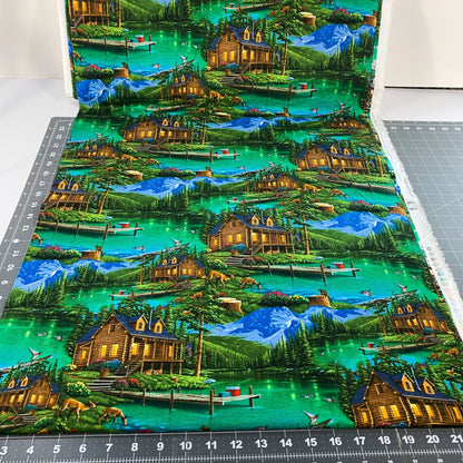 Harmony Cabin fabric AL - 5006 - 4C1 Mountain cabin landscape - Mary Jo Fabrics