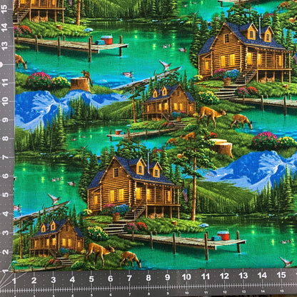 Harmony Cabin fabric AL - 5006 - 4C1 Mountain cabin landscape - Mary Jo Fabrics
