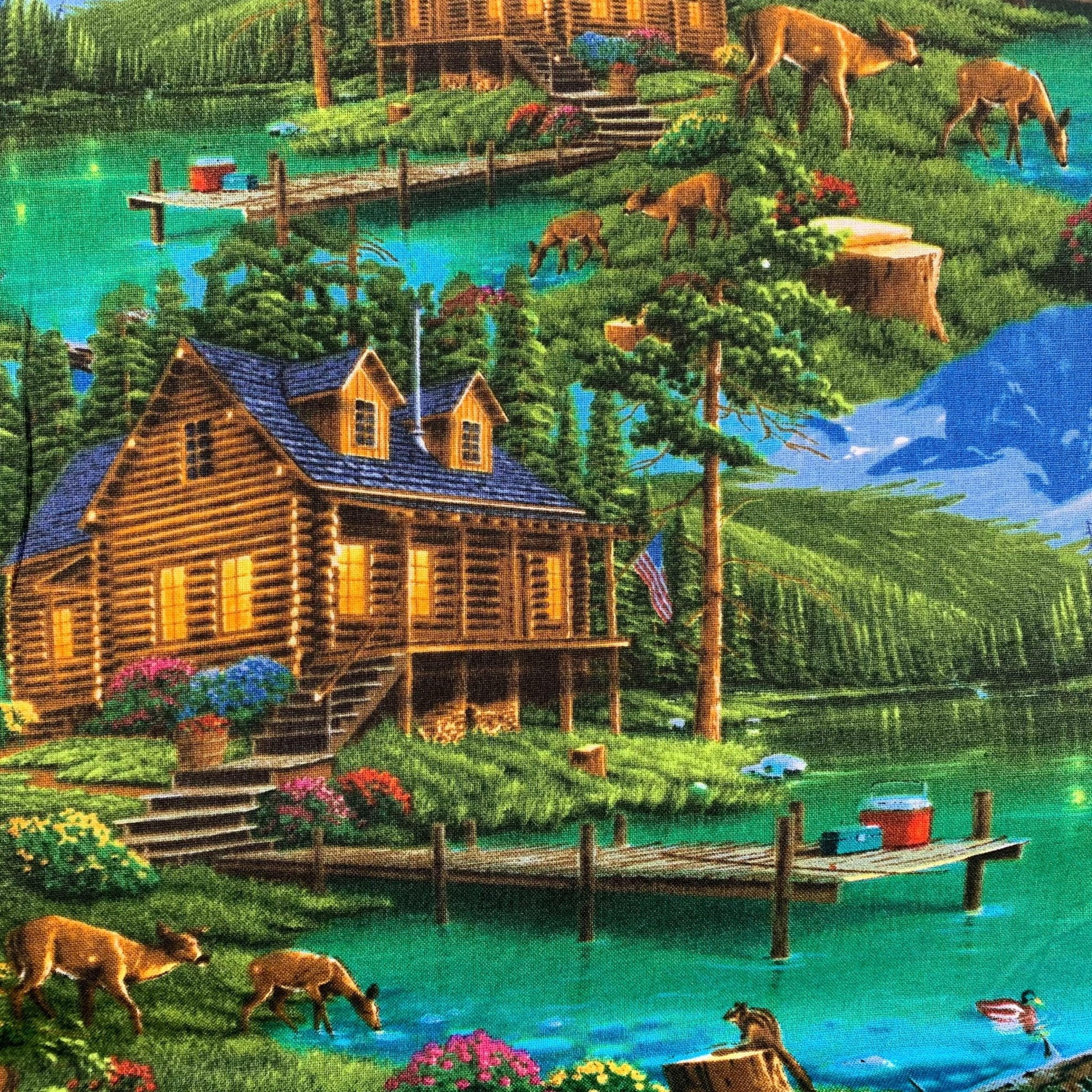 Harmony Cabin fabric AL - 5006 - 4C1 Mountain cabin landscape - Mary Jo Fabrics